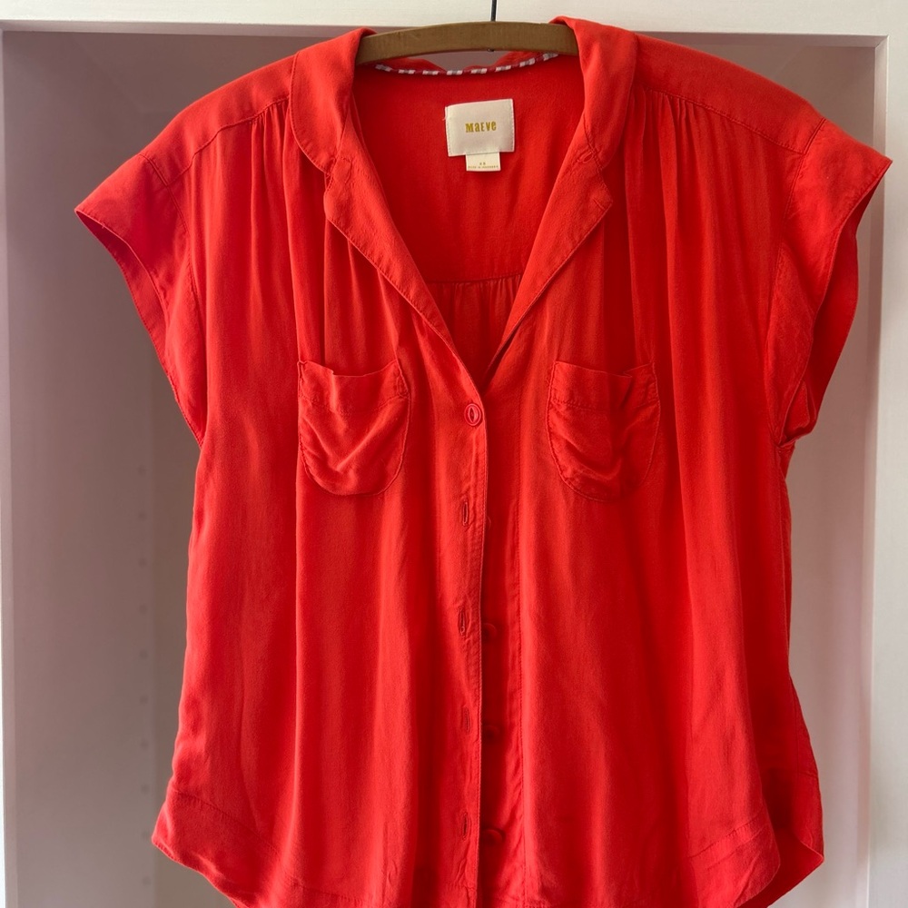 Maeve Red Button Down Shirt with Notched Collar